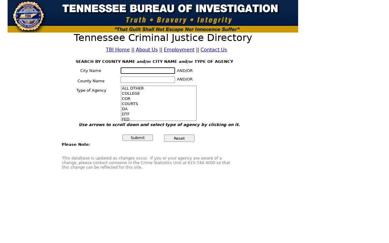 Moore County warrant records: TBI agency directory search controls